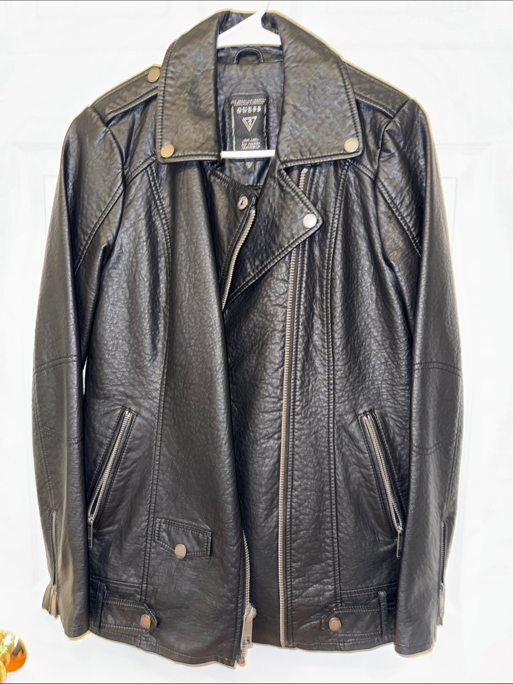 Guess Black Leather Bomber-Style Moto Jacket